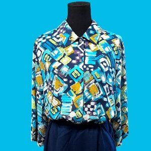 Vintage City Blues by Koret Abstract Print Button-Up Blouse – Size Large